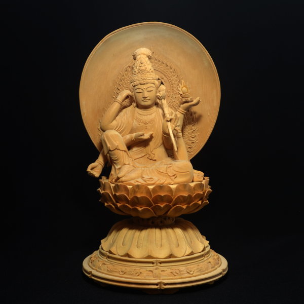 木彫 仏像 如意輪観音像 坐像 3寸 桧木 手彫り 桐箱入り 仏教美術 檜木