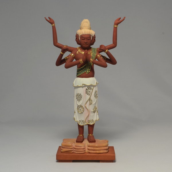 木彫 仏像 阿修羅像 6寸 立像 重彩式 桐箱入り 桧木 手彫り 仏教美術 ヒノキ 【a1-2-9-2】