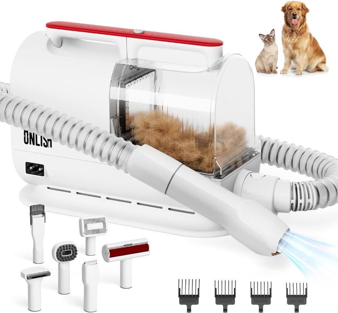 大容量ダストカップ ペット用 グルーミングセット 犬 猫 バリカン 掃除機 トリミングセット 6つのヘッド 多機能 ペットブラシ 強力吸引 の画像1