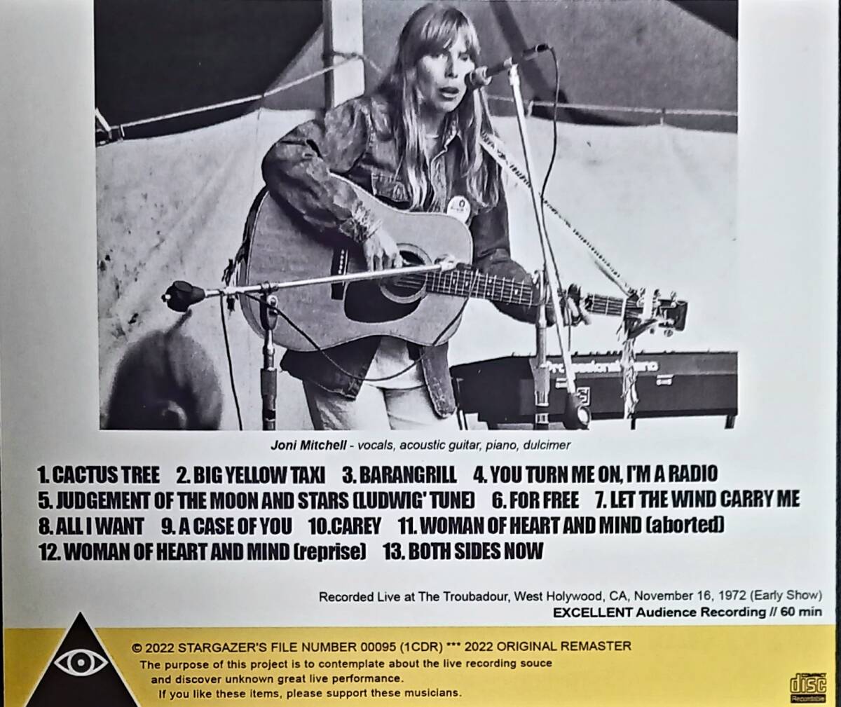 Joni Mitchell / Solo Concert At The Troubadour 1972 1CD-R ジョニミッチェル ソロコンサート 弾き語り シンガーソングライター 貴重音源