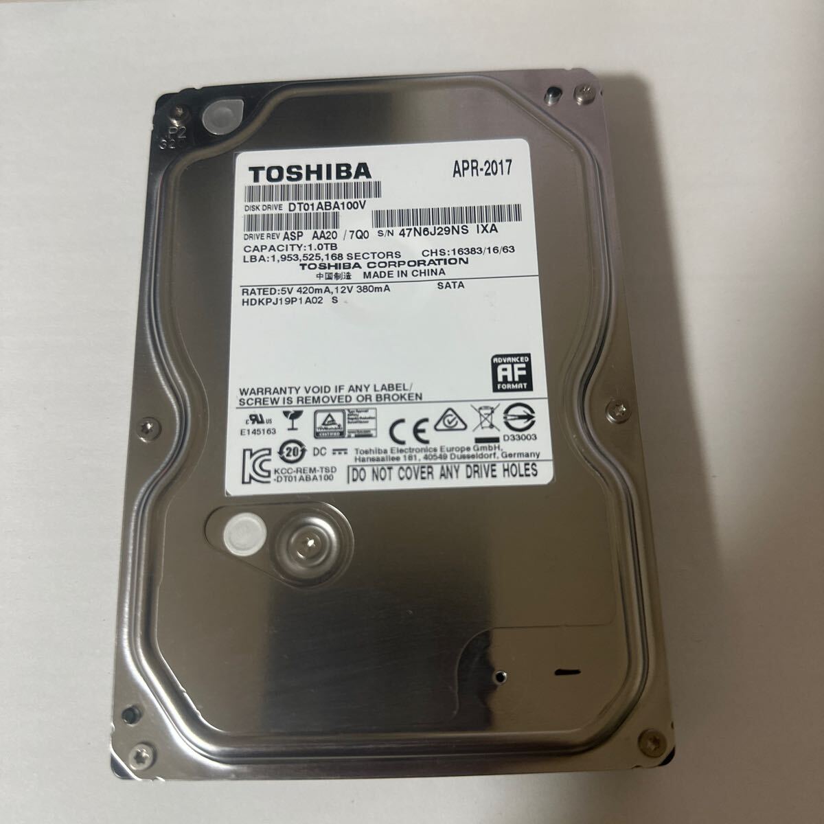 B67:◇動作保証/AVコマンド対応◆使用0時間 TOSHIBA SATA 3.5インチHDD SATA 1000GB DT01ABA100V 1TB_画像1