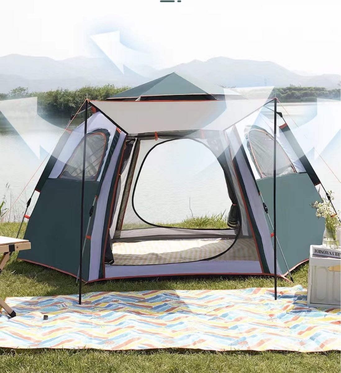 高品質キャンプ  六角テント ワンタッチテント 5-6人用 数秒設営 軽量