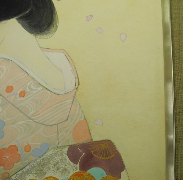 森田秀治 春宵 日本画 ６号 金箔 美人画 紙に彩色 共シール Japanese painting 額入れ 中古品_画像8