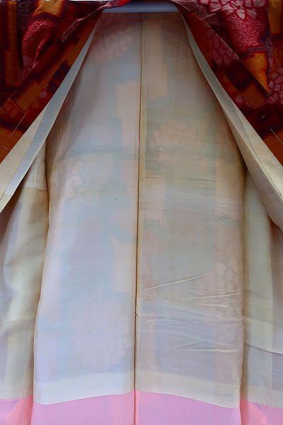 【着物フィ】アンティーク 銘仙 身丈152cm 赤 菊 大正ロマン レトロ 可愛い 仕立て上がり 正絹 kimono 15781の画像10