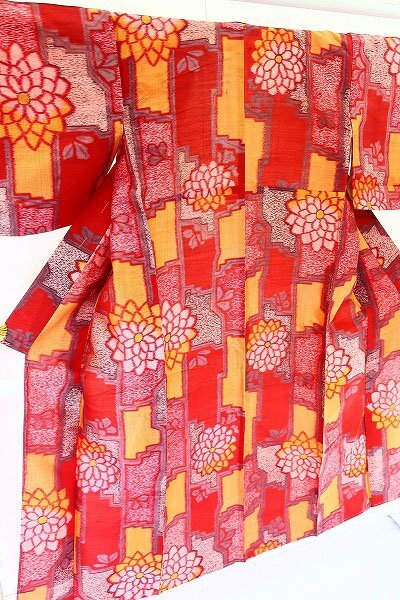 【着物フィ】アンティーク 銘仙 身丈152cm 赤 菊 大正ロマン レトロ 可愛い 仕立て上がり 正絹 kimono 15781の画像3