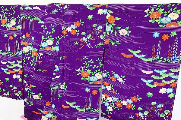 [ кимоно fi] античный мелкий рисунок фиолетовый цвет длина 145cm глициния сосна bi bit Taisho роман retro натуральный шелк совершенно новый kimono.15683