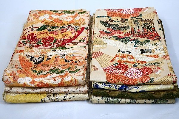 【着物フィ】アンティーク 丸帯 7本セット まとめて　鶴　松　刺繍　正絹　大正ロマン　レトロ　お洒落 豪華　15785_画像1