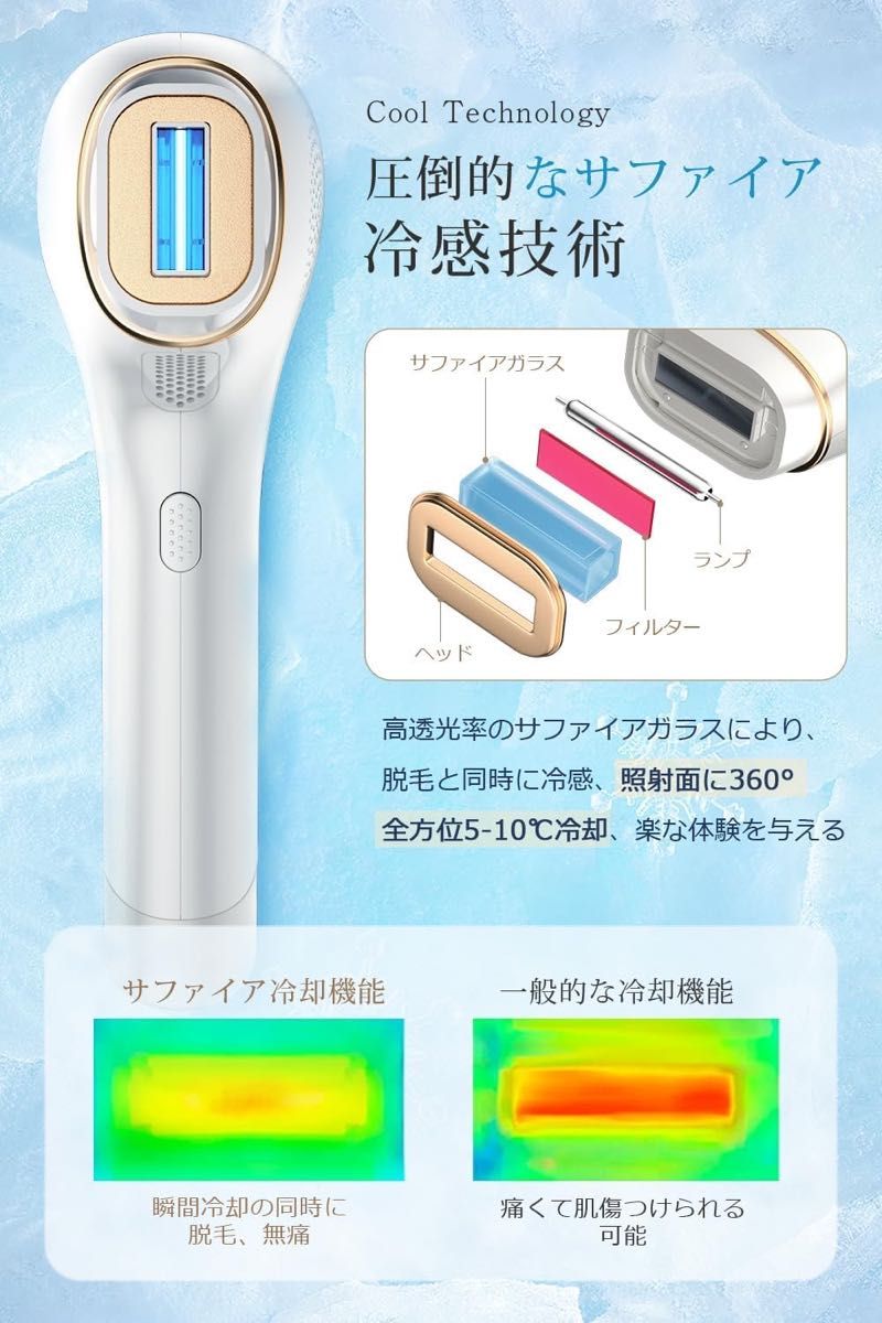 脱毛器 サファイア冷却 速い 痛くない 家庭用脱毛器 5種類モード 5段階調節 LED液晶ディスプレイ 手動/連続照射 冷感脱毛器