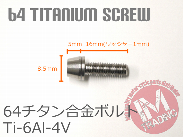 64チタン合金ボルト M5×16mm P0.8 6本セット ワッシャー付き テーパーキャップ ゆうパケット対応 焼き色なし Ti-6Al-4V_画像2