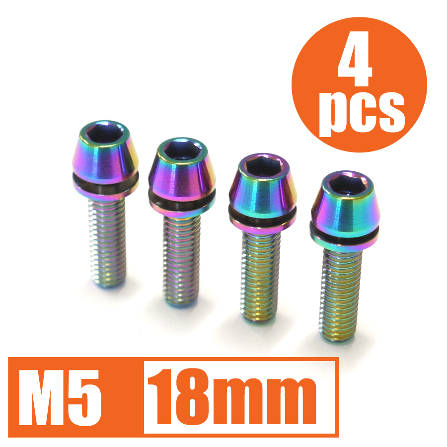 64チタン合金ボルト M5×18mm P0.8 4本セット ワッシャー付き テーパーキャップ ゆうパケット対応 焼き色有り Ti-6Al-4V_画像1