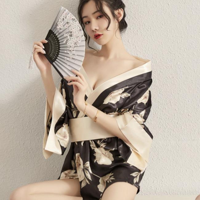  kimono yukata Japanese style sexy Ran Jerry black black floral print set Night wear room wear costume play clothes mini height 357