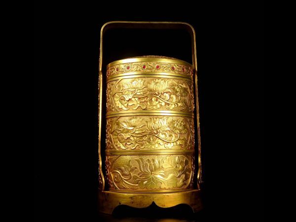 「清 乾隆年製 古銅彫 塗金提梁食盒」旧銅器 置物擺件 賞物 中国古美術 旧蔵出