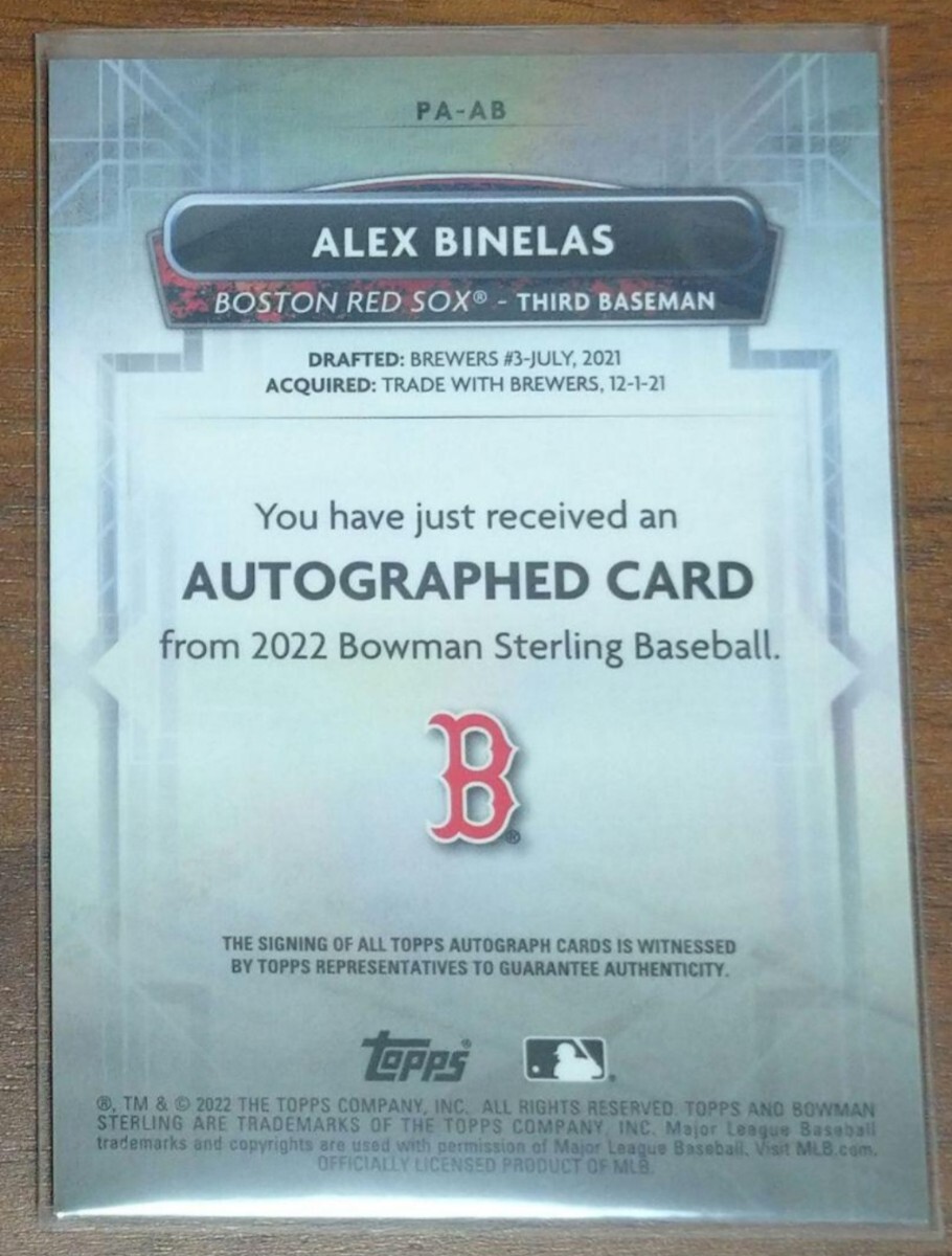 MLB 2022 TOPPS BOWMAN ボストン・レッドソックス アレックス ビネラス Alex Binelas 直書き 直筆サイン auto_画像2