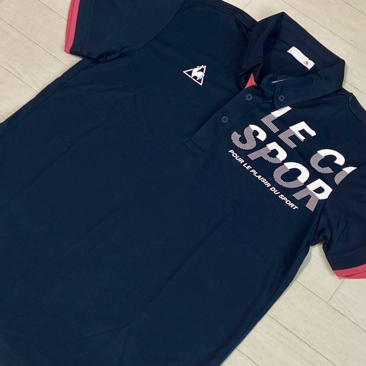 新品★ルコック LE COQ SPORTIF グラフィックロゴデザイン 吸汗速乾 半袖ボタンダウンシャツ★ネイビー★サイズL★送料185円_画像2