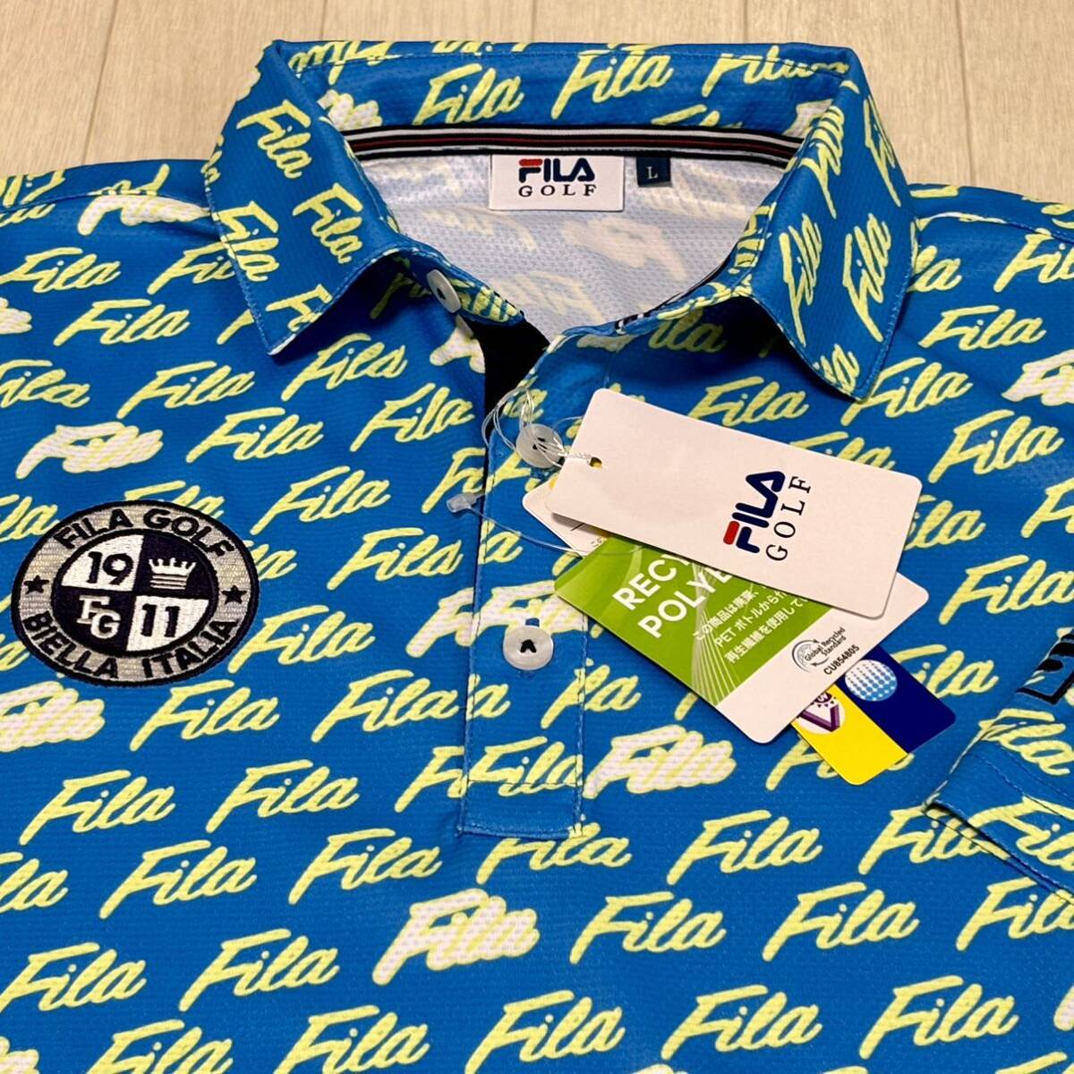 新品★フィラ ゴルフ FILA GOLF 総ロゴプリント 吸汗速乾 半袖ポロシャツ★ブルー★サイズL★送料185円_画像1