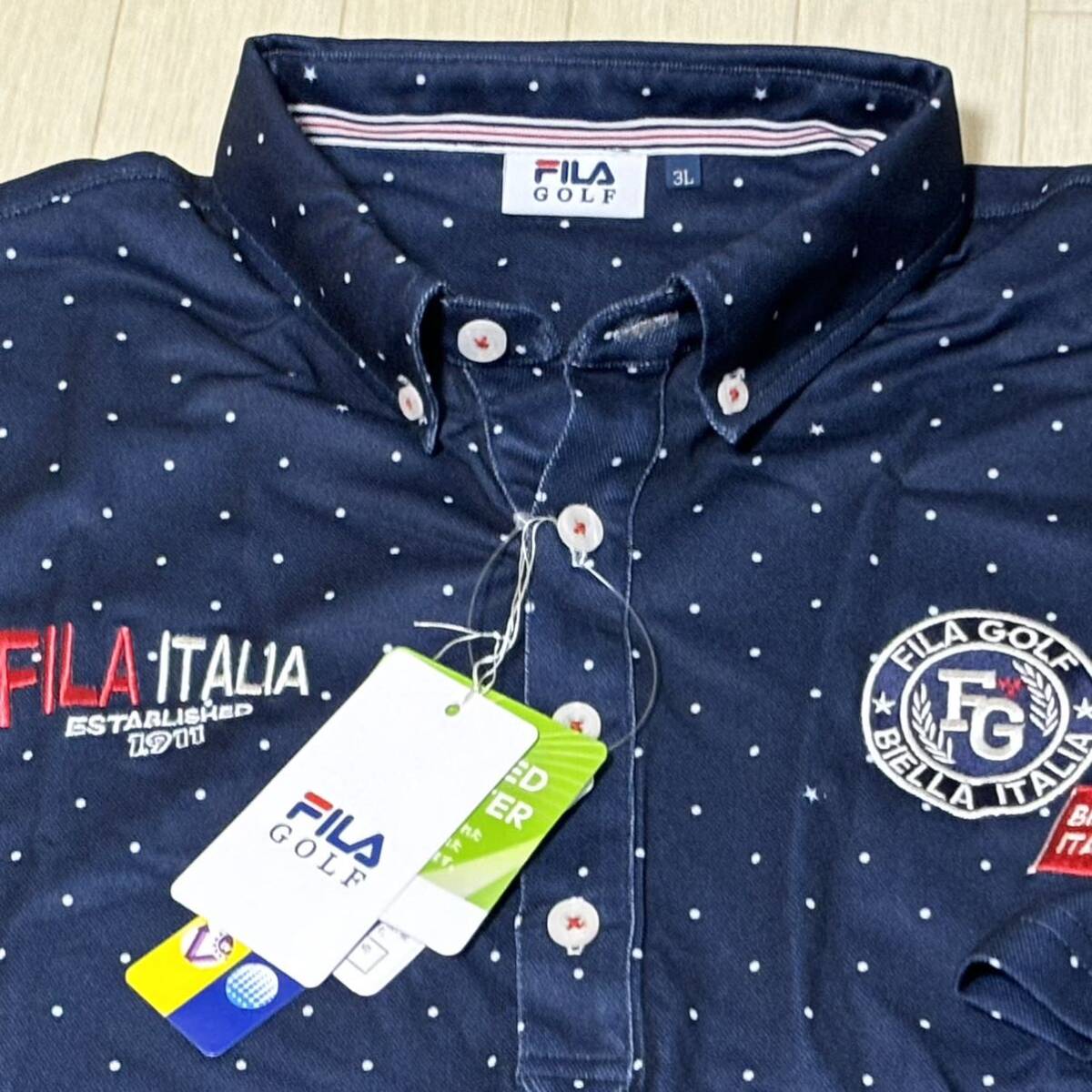 新品★フィラ ゴルフ FILA GOLF ドットプリント 吸汗速乾 半袖ボタンダウンシャツ★ネイビー★サイズ3L★送料185円_画像1