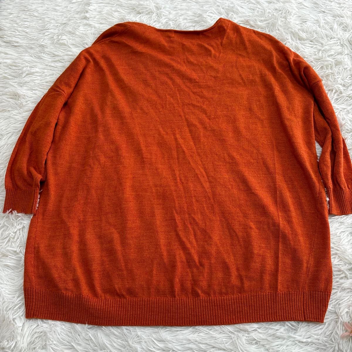 セーター ニット トップス　春ニット　ビタミンカラー　オレンジ　グローバルワーク　サイズM 薄手　長袖　七部丈