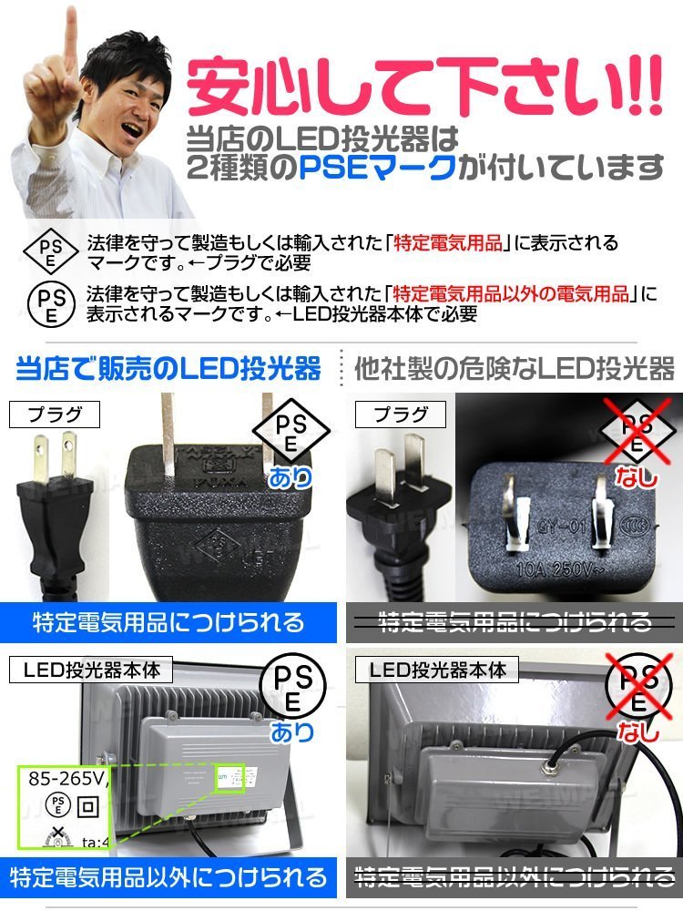 LED投光器 50w 作業灯 12個セット 昼光色 6000K ホワイト 広角 アルミ合金 500w相当 AC100V 200V対応 照明 3mコード PSE取得済 [1年保証]_画像9