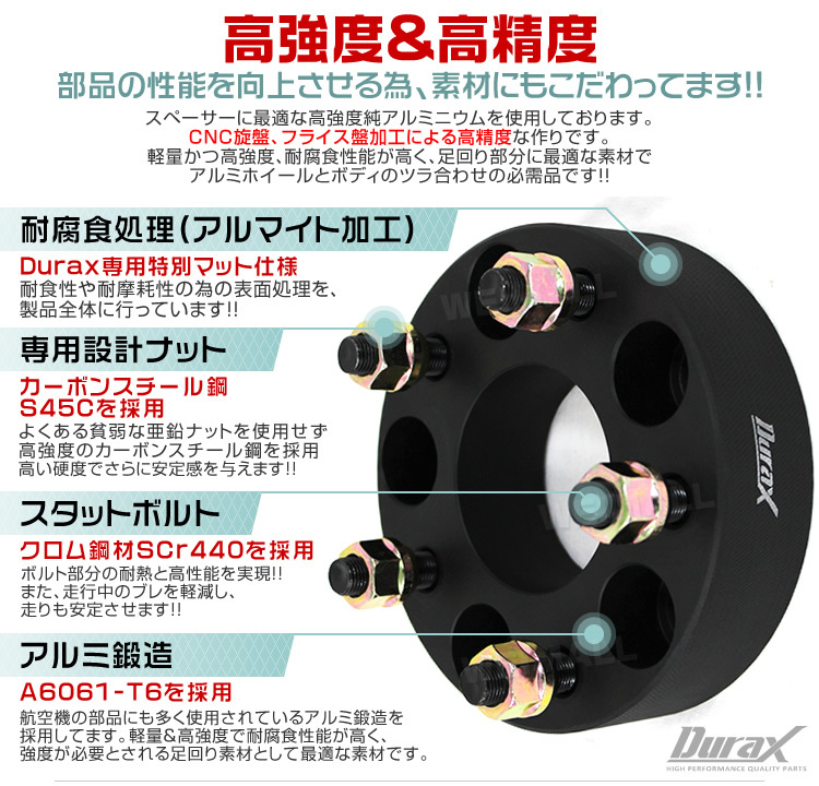 ワイドトレッドスペーサー 25mm PCD139.7-6H-M12×P1.5 6穴 ワイトレ 耐腐食アルマイト ホイール ナット付 マットブラック ブラック 黒_画像5