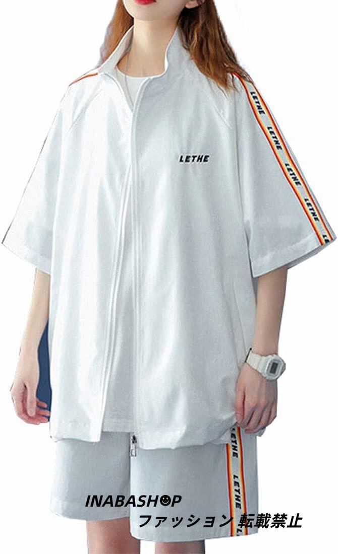 夏 ゆったり ジャージ 2点セット レディース ジップ Tシャツ ショートパンツ ビッグ 半袖シャツ ハーフパンツ セットアップ 五分袖 短パン_画像7