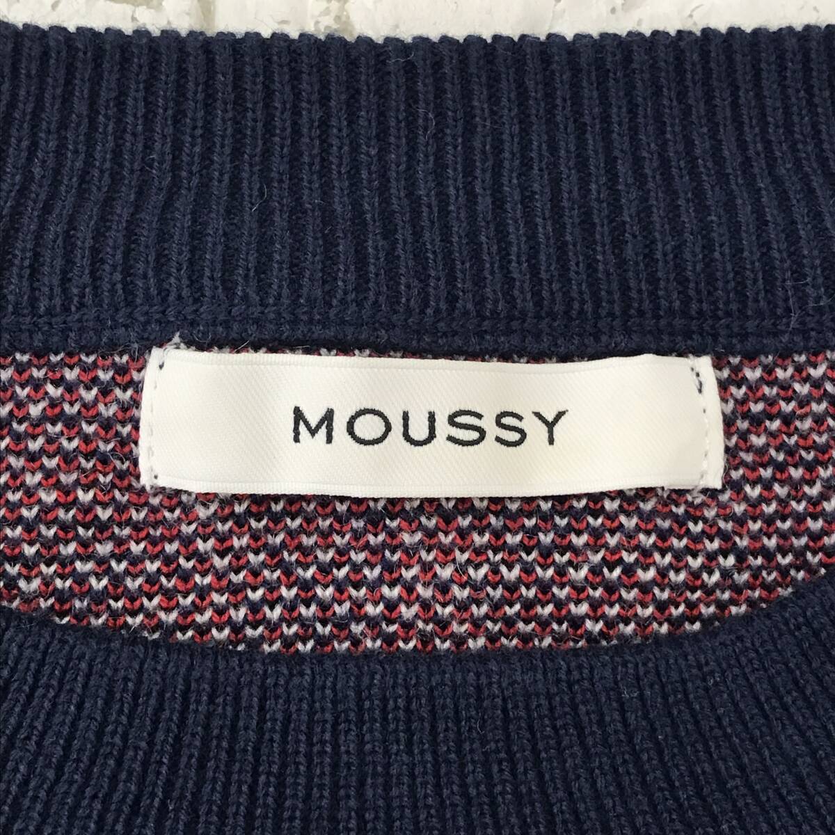 MOUSSY Moussy check pattern knitted F size pattern navy T-99 USED