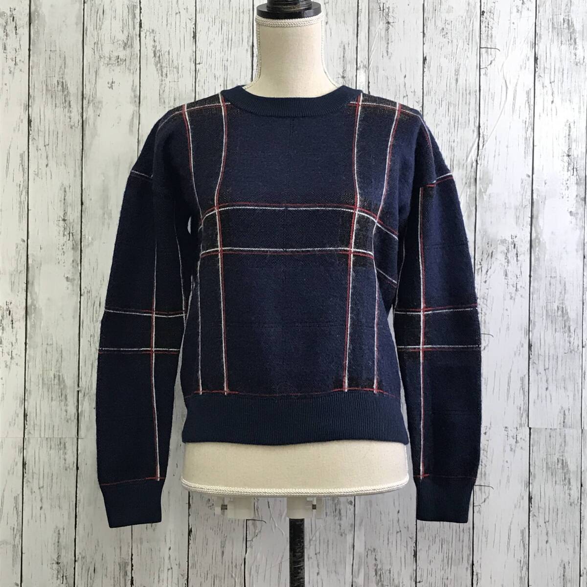MOUSSY Moussy check pattern knitted F size pattern navy T-99 USED