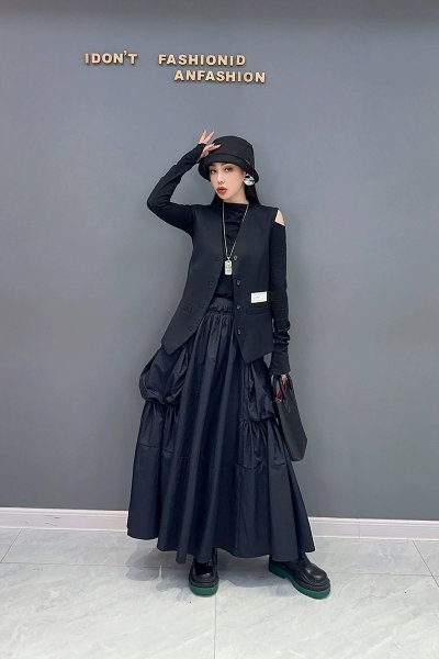 jd ロングスカート 大人可愛 ゆったり 洋服 ロマンファッション 楽ちん ブラック系 Aライン 波裾_画像4