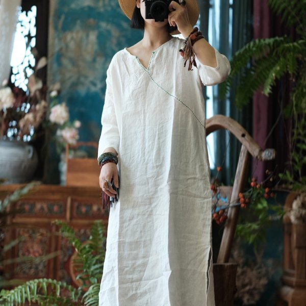 lgn 1679ワンピース アンティーク風 洋服ミックス ロマンファッション ポップ 楽ちん ホワイト 麻100％ リネン グリーンラインの画像1