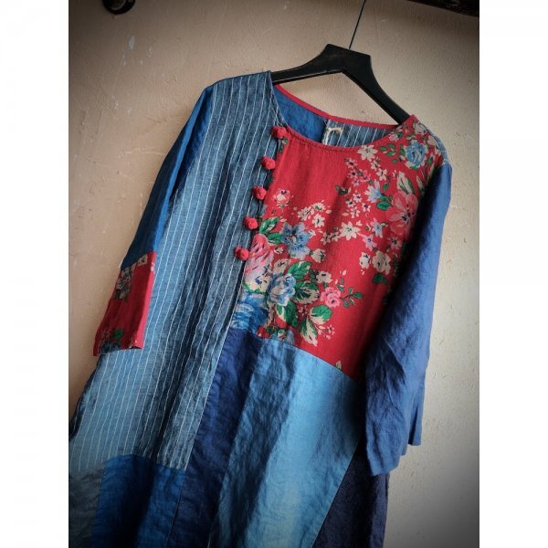 lg ロングワンピース チュニック 襤褸 アンティーク風 洋服ミックス ロマンファッション 綿麻 縫い合わせ 花柄の画像2
