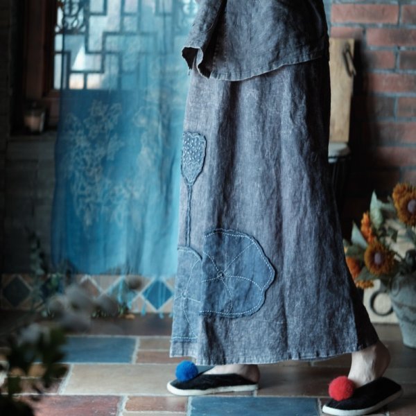 yh lgn 2025 юбка ... приклеивание цветочный принт .. античный способ европейская одежда Mix роман мода pop приятный .. цветочный принт лен 100%linen оттенок голубого 