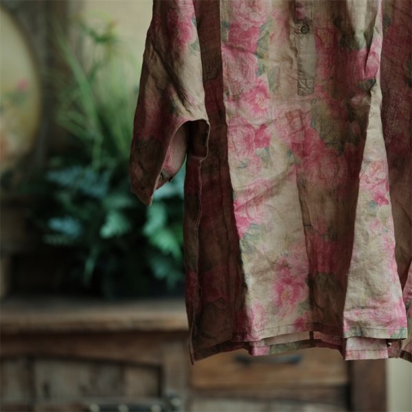 lgn 2069 花柄 チュニック 襤褸 アンティーク風 洋服ミックス ロマンファッション ポップ ゆったり 麻100％_画像5