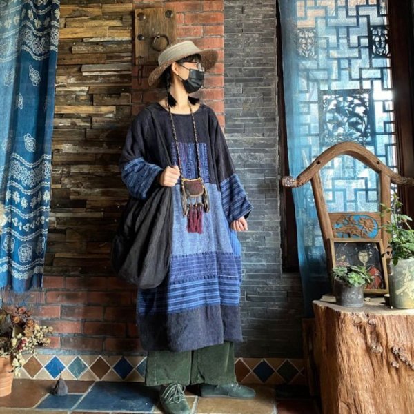 lgn 1872 ロングワンピース チュニック 襤褸 アンティーク風 洋服ミックス ロマンファッション 綿100％ 裏地付き ネイビー