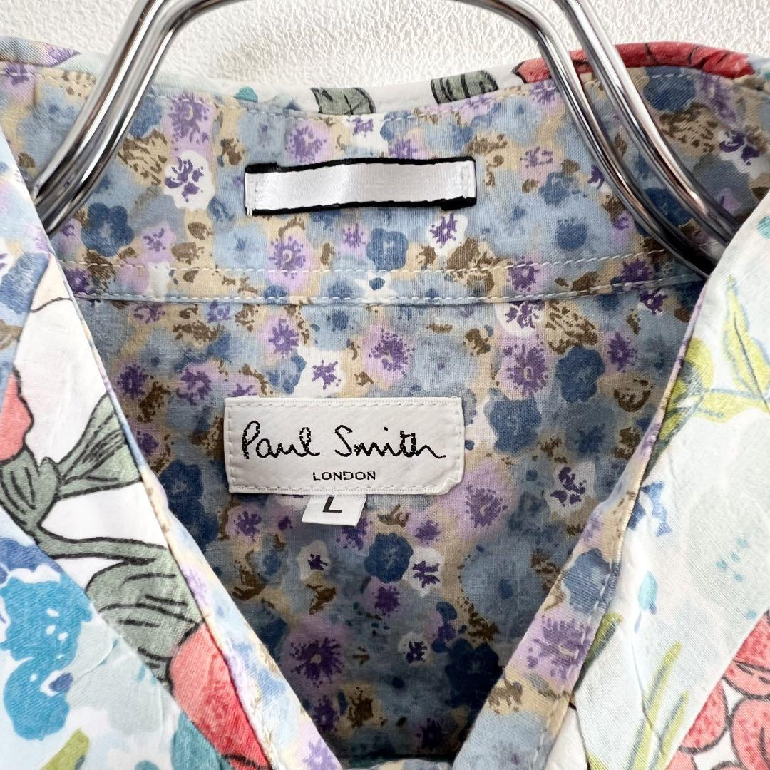 希少 美品 L PAUL SMITH ポールスミス シャツ 半袖 花柄 キルティング メンズ ブルー