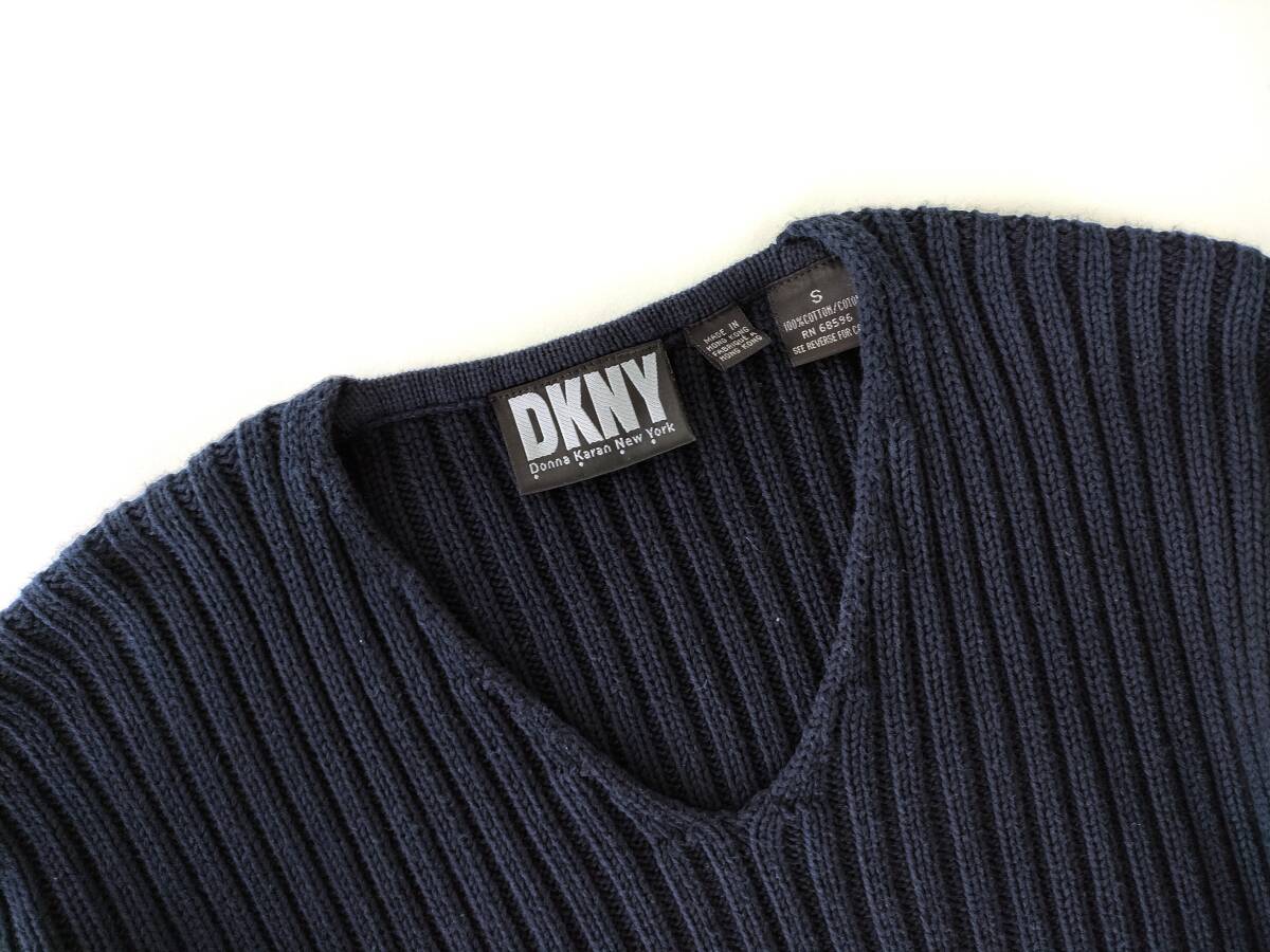 90s 旧タグ美品 Vintage DKNY コットン100% ローゲージ Vネック リブニット ネイビー 香港製 セーター メンズ Black Donna Karan USA Euro_画像4