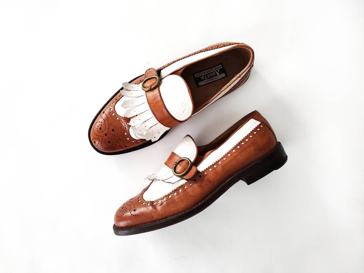 70s Euro Vintage quilt combination Loafer Brown white monk strap Loafer slip-on shoes 40 Church car ngaiCHURCH\'S