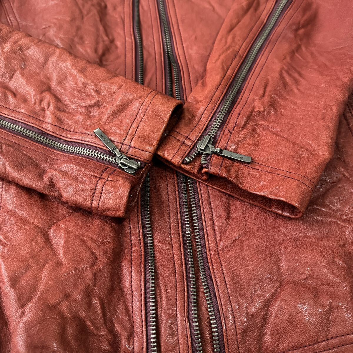  beautiful goods rare color!![ finest quality. real leather ]A.S.M single rider's jacket L size leather jacket original leather mountain sheep leather go-to leather red 