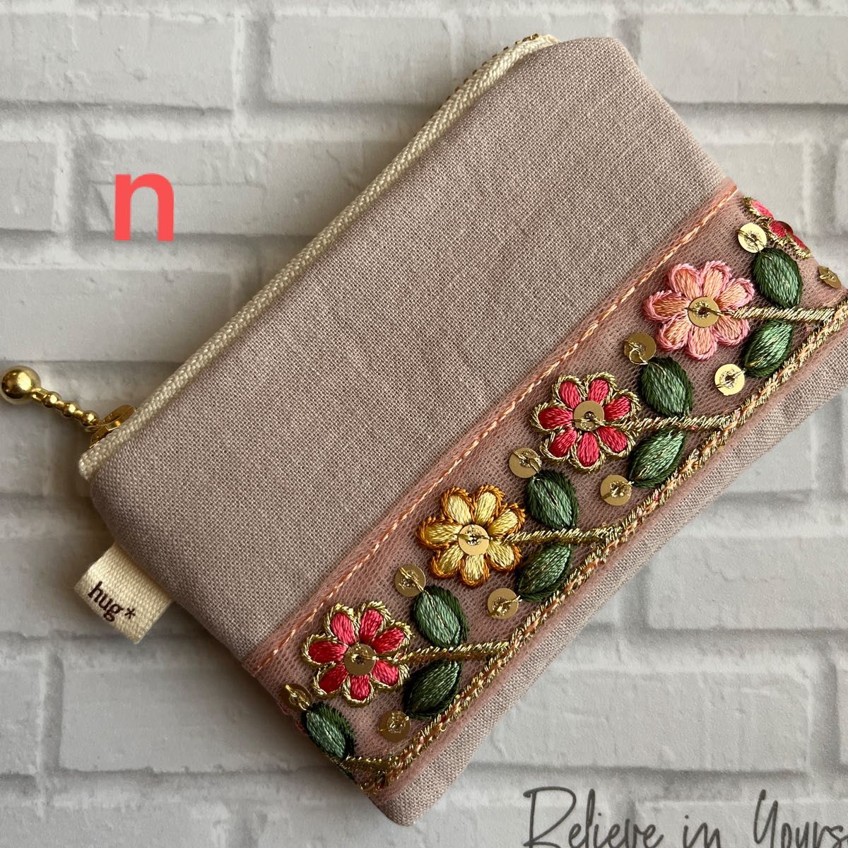 hand made  インド刺繍レース付きフラットミニミニポーチn（アッシュローズ）