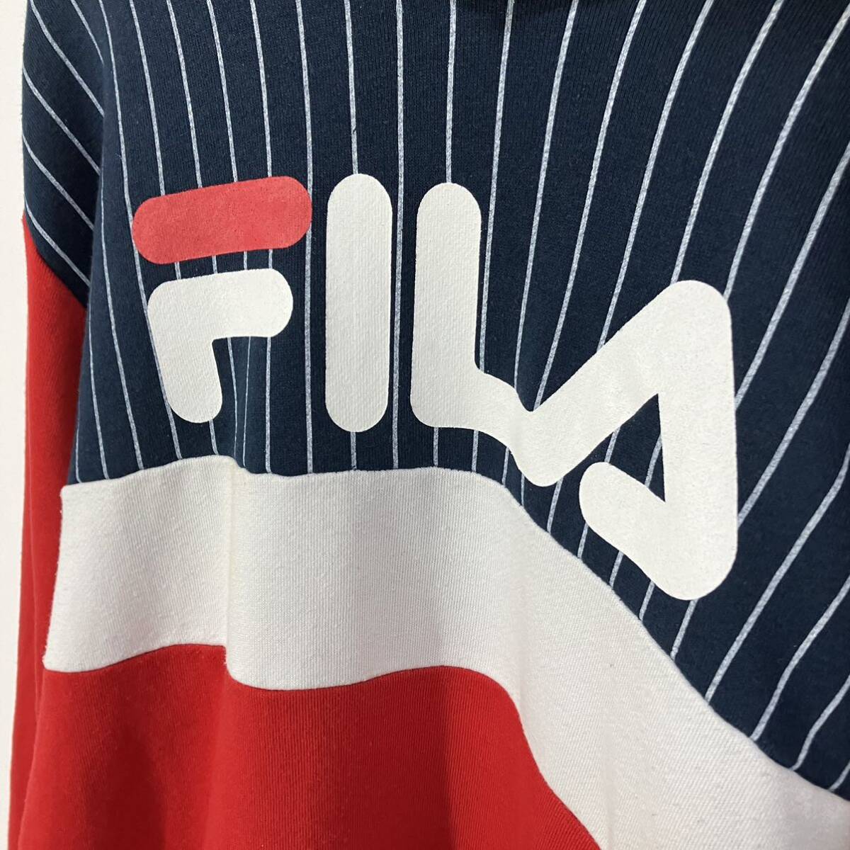 FILA フィラ ビッグ ロゴ プリント 切替 ストライプ マフポケット 裏毛 スウェット フーディー パーカー 古着 ネイビー レッド ホワイト M_画像7