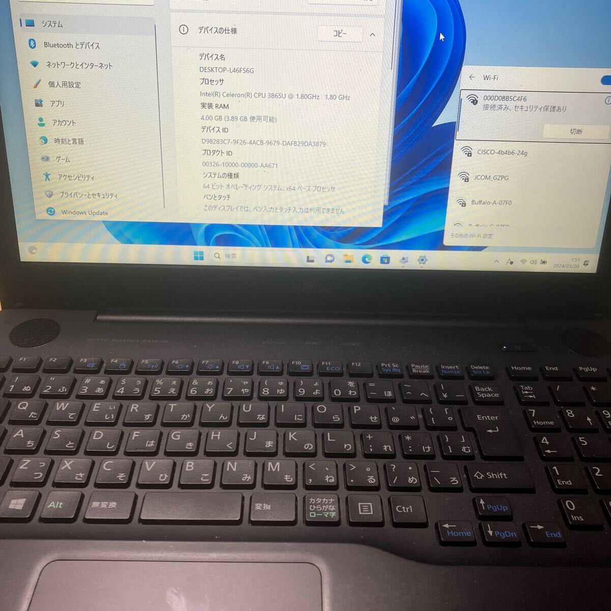 富士通　FMV LIFEBOOK AH 42/C2 Celeron 3865U HDD 250GB メモリ8GB バッテリーあり　ACあり　Windows11 home_画像1