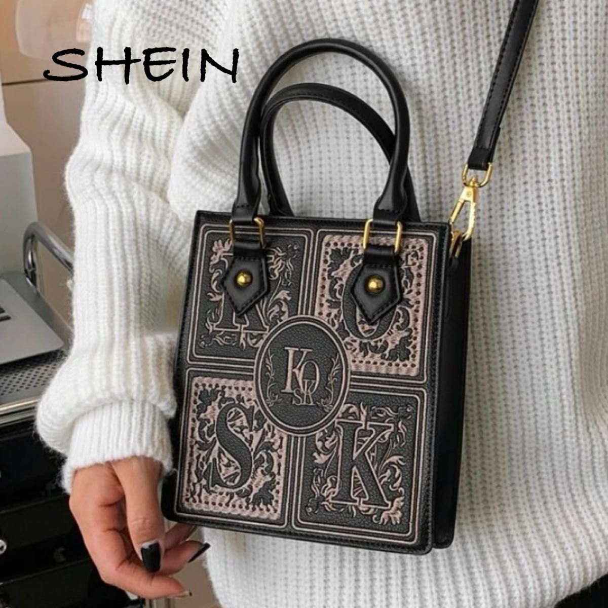 SHEIN ショルダーバッグ ハンドバッグ 黒 刺繍 antiqua SHEIN ショルダーバッグ ハンドバッグ 黒 刺繍 antiqua
