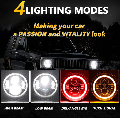 丸いLEDヘッドライト、ユニバーサルヘッドランプ、車のランプ、wrangler jeep、7in、h4、14000lm、180w、6000k_画像3