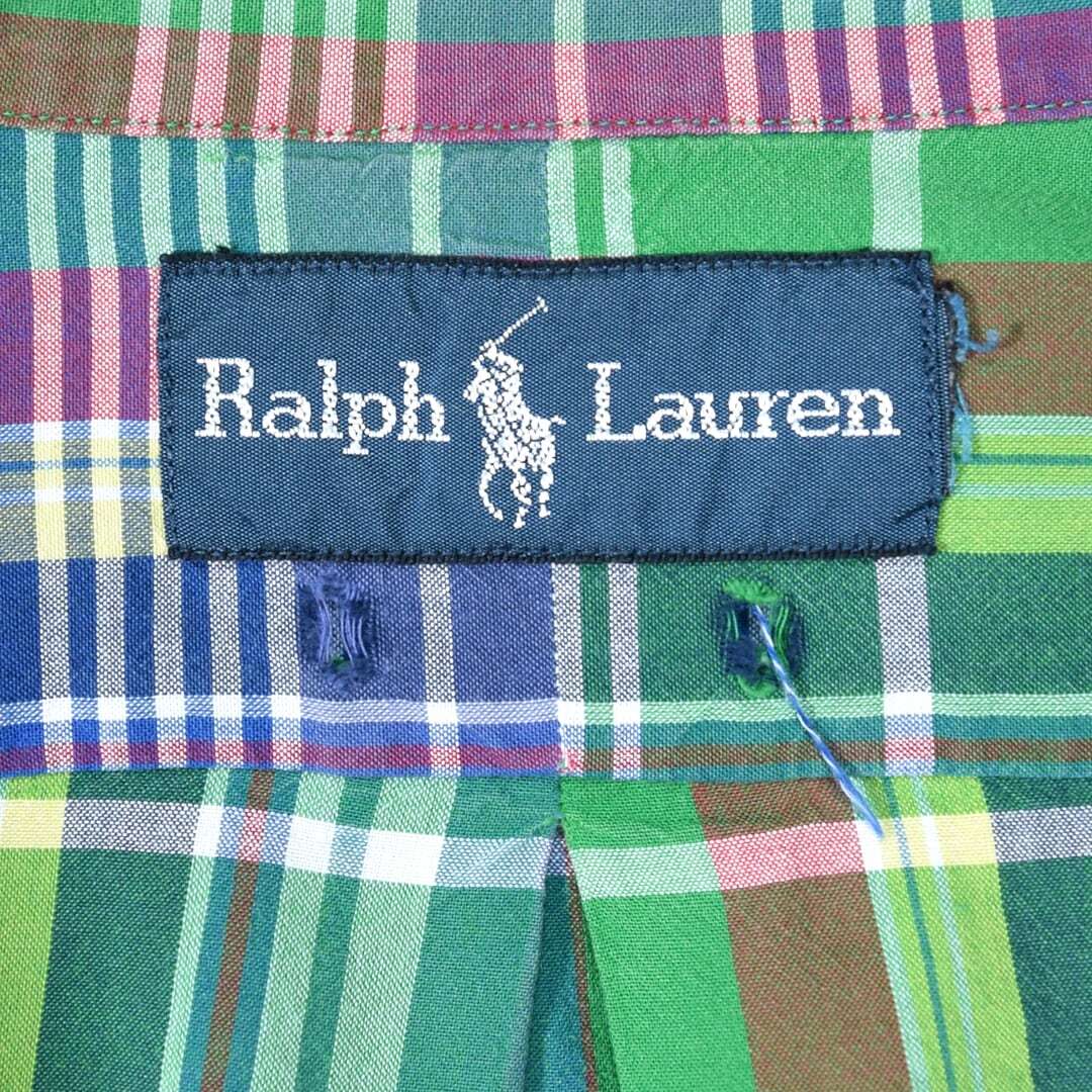 【送料無料】ラルフローレン ボタンダウンシャツ ワンポイント マドラスチェック グリーンベース RALPH LAUREN サイズS相当 古着 @CA1332_画像6