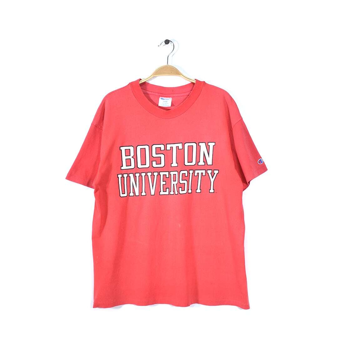 【送料無料】80s チャンピオン USA製 ヴィンテージTシャツ カレッジプリント BOSTON UNIVERSITY 赤 袖裾シングル CHAMPION メンズL @BD0015