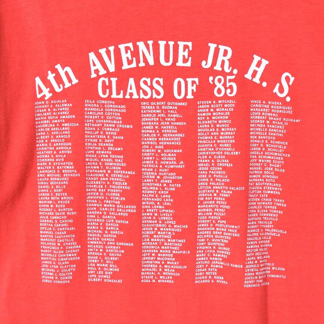 【送料無料】80s ヘインズ USA製 ヴィンテージＴシャツ CLASS OF '85 袖裾シングル 赤 レッド HANES サイズL 古着 @BZ0167