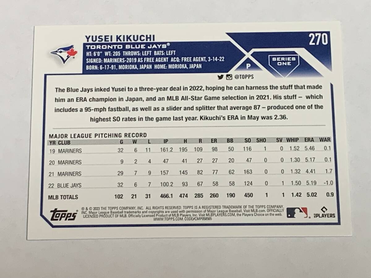 菊池雄星 YUSEI KIKUCHI 2023 TOPPS SERIES 1 #270 BLUEJAYS 西武_画像2