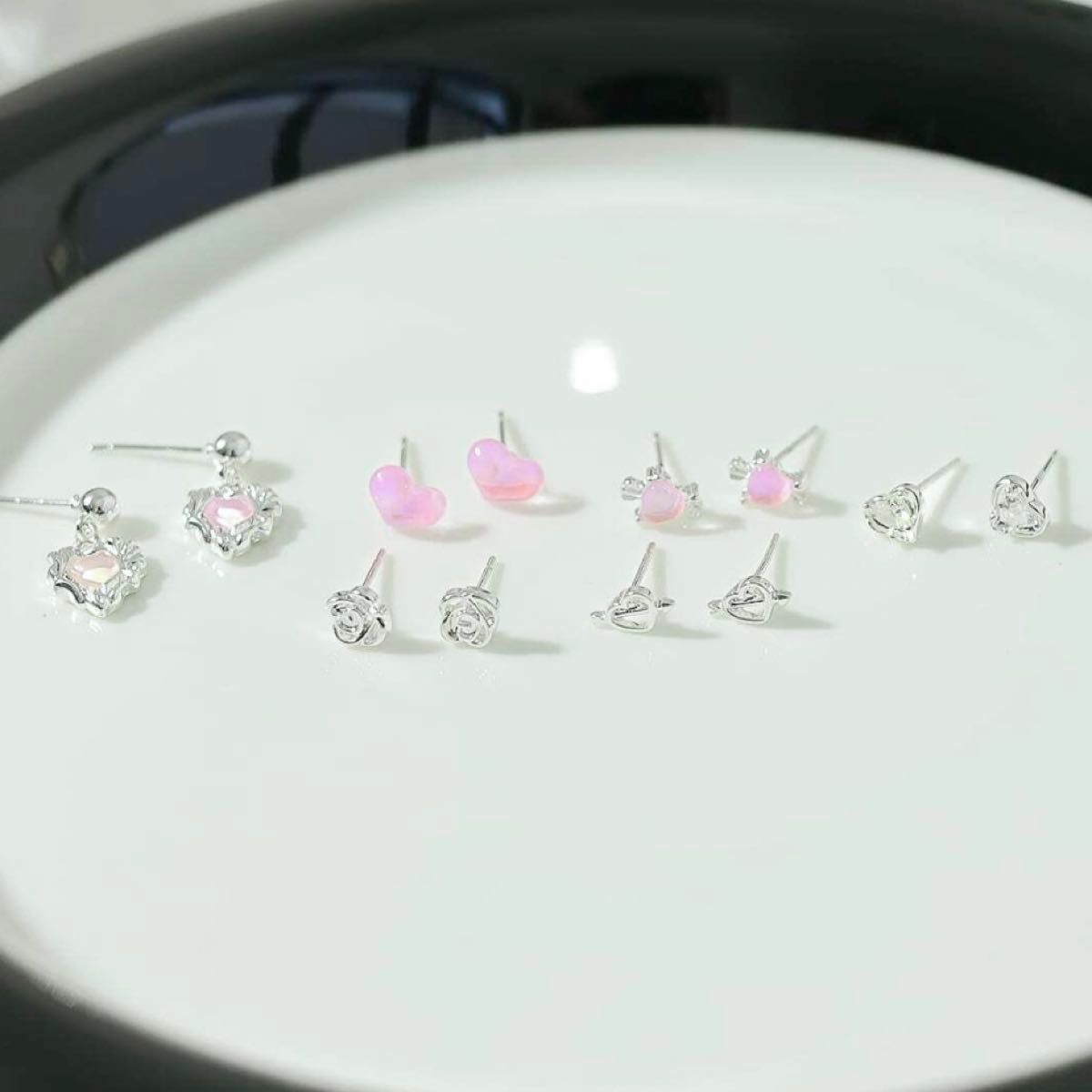 【P3】ピンクストーン付きシルバーカラーピアス☆6ペアセット オーロラカラー