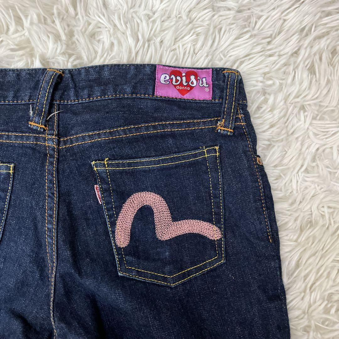 送料無料　良品　EVISU DONNA エヴィス　デニムパンツ　ジーンズ　ハート　ピンクカモメ　ストレッチ　濃紺　刺繍　ハート　W25