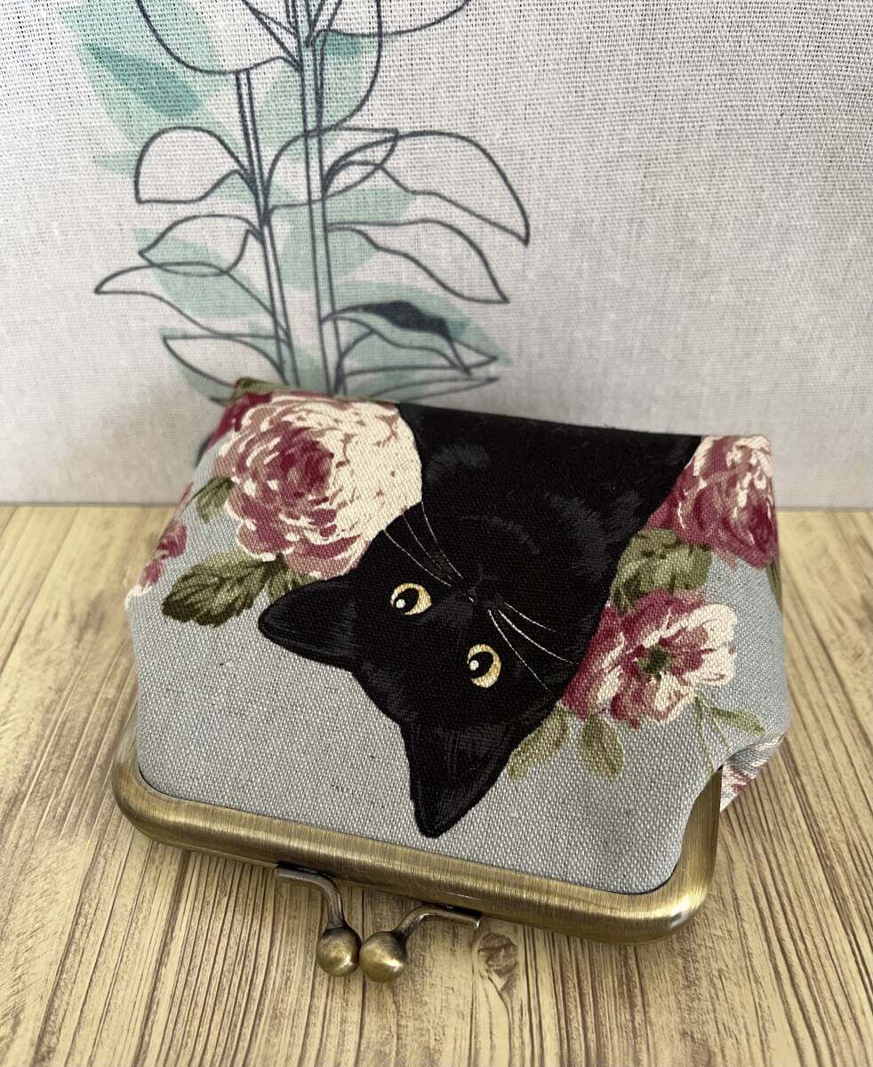 がま口 / ポーチ / 財布 / 小物入れ / ハンドメイド☆黒猫＆薔薇・ブルーグレー11