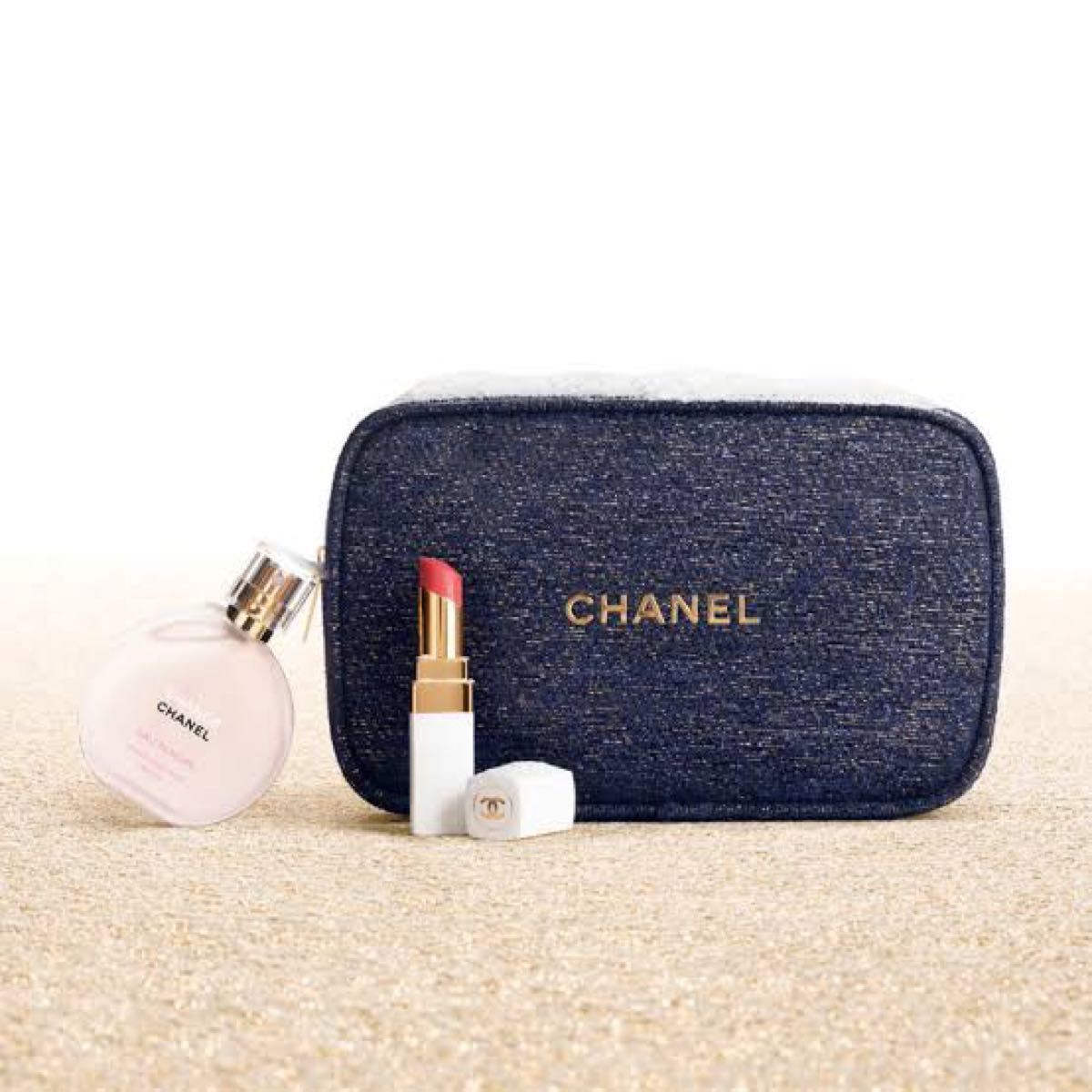 新品 シャネル CHANEL 2023 ホリデー 限定 ノベルティ ポーチ ゴールド ロゴ 化粧ポーチ ネイビー ラメ ツイード