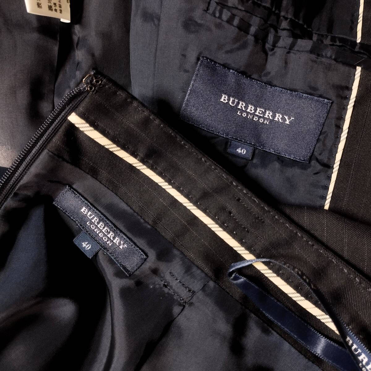 美品♪BURBERRY LONDON バーバリーロンドン＊高級♪イタリア製生地 ウール100％ 春夏 スカート スーツ♪濃紺ストライプ40（11）レディース_画像8